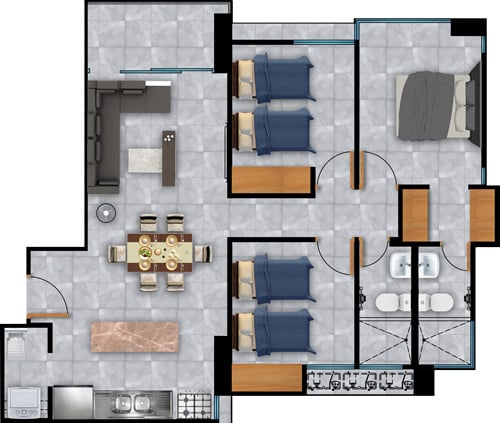 Apartamento de 3 habitaciones con balcón, cocina abierta, 2 baños, sala comedor y 1 estacionamiento